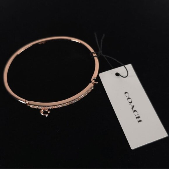NWT COACH Signature Pave Bar C Charm Hinged Rosegold Bangle Bracelet St. 91429 - Picture 1 of 9